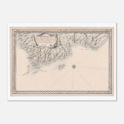 Carte maritime ancienne de Bretagne : Port-Crist à Saint-Brieuc (50x70 cm). Carte topographique ancienne de la côte maritime de Bretagne, avec des îles et des ports, ainsi que des motifs décoratifs sur les marges et une vignette centrale.