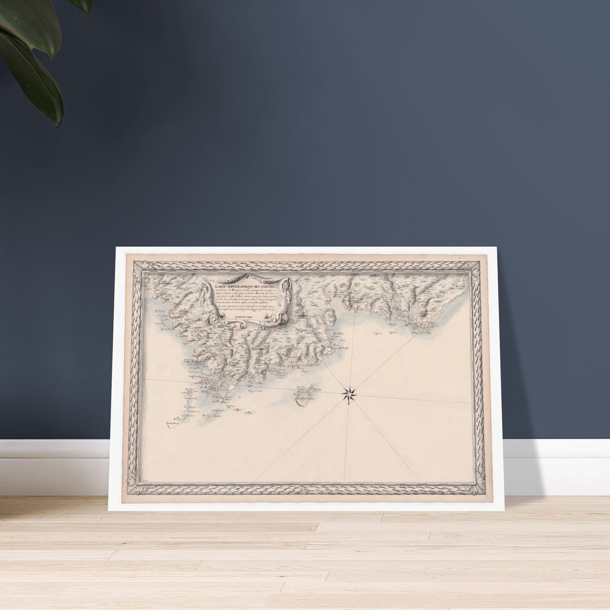 Carte maritime ancienne de Bretagne : Port-Crist à Saint-Brieuc. Carte topographique ancienne de la côte maritime de Bretagne, avec des îles et des ports, ainsi que des motifs décoratifs sur les marges et une vignette centrale. Image d'illustration 6