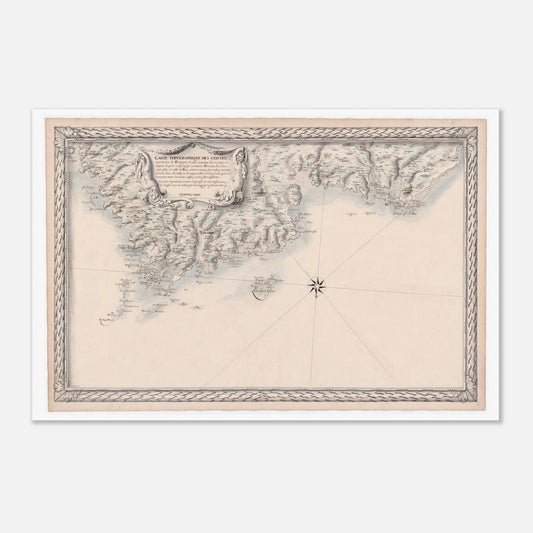 Carte maritime ancienne de Bretagne : Port-Crist à Saint-Brieuc (60x90 cm). Carte topographique ancienne de la côte maritime de Bretagne, avec des îles et des ports, ainsi que des motifs décoratifs sur les marges et une vignette centrale.