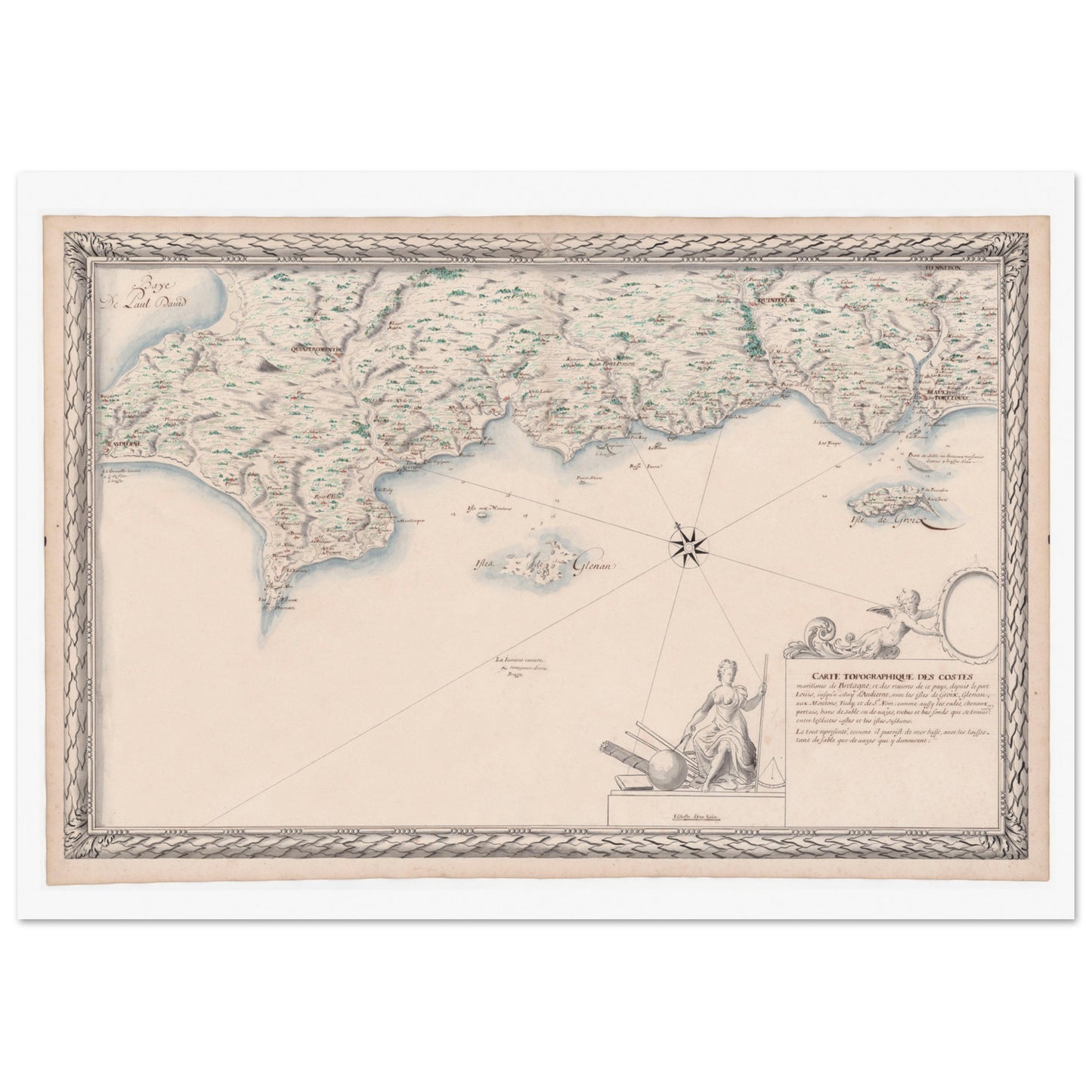 Carte maritime ancienne de Bretagne : Port-Louis à Audierne. Carte topographique ancienne des côtes maritimes de Bretagne, de Port Louis à Audierne, incluant les îles de Groix, Glénan, aux Moutons, Tudy et de Saint-Nom. Image d'illustration 3