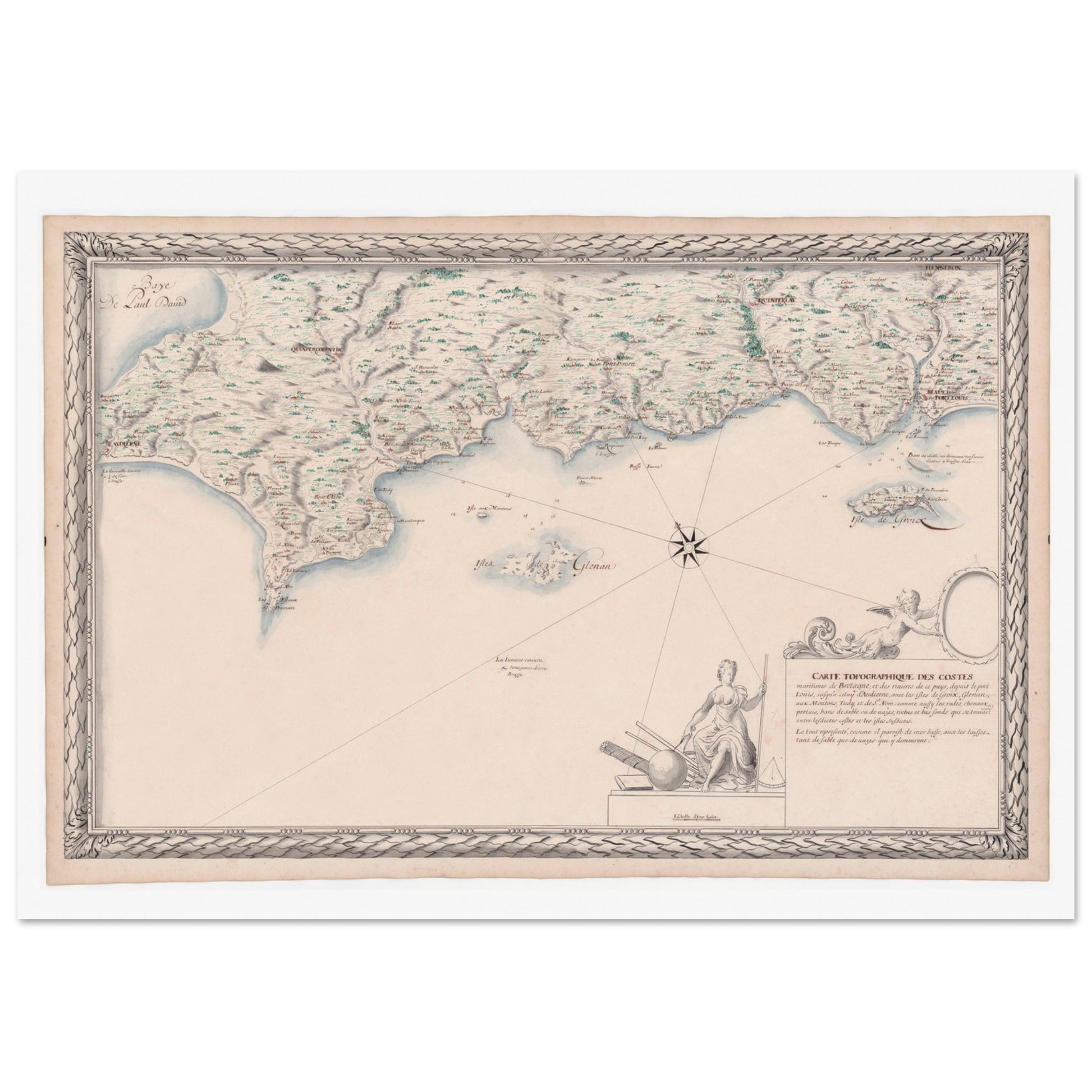 Carte maritime ancienne de Bretagne : Port-Louis à Audierne. Carte topographique ancienne des côtes maritimes de Bretagne, de Port Louis à Audierne, incluant les îles de Groix, Glénan, aux Moutons, Tudy et de Saint-Nom. Image d'illustration 3