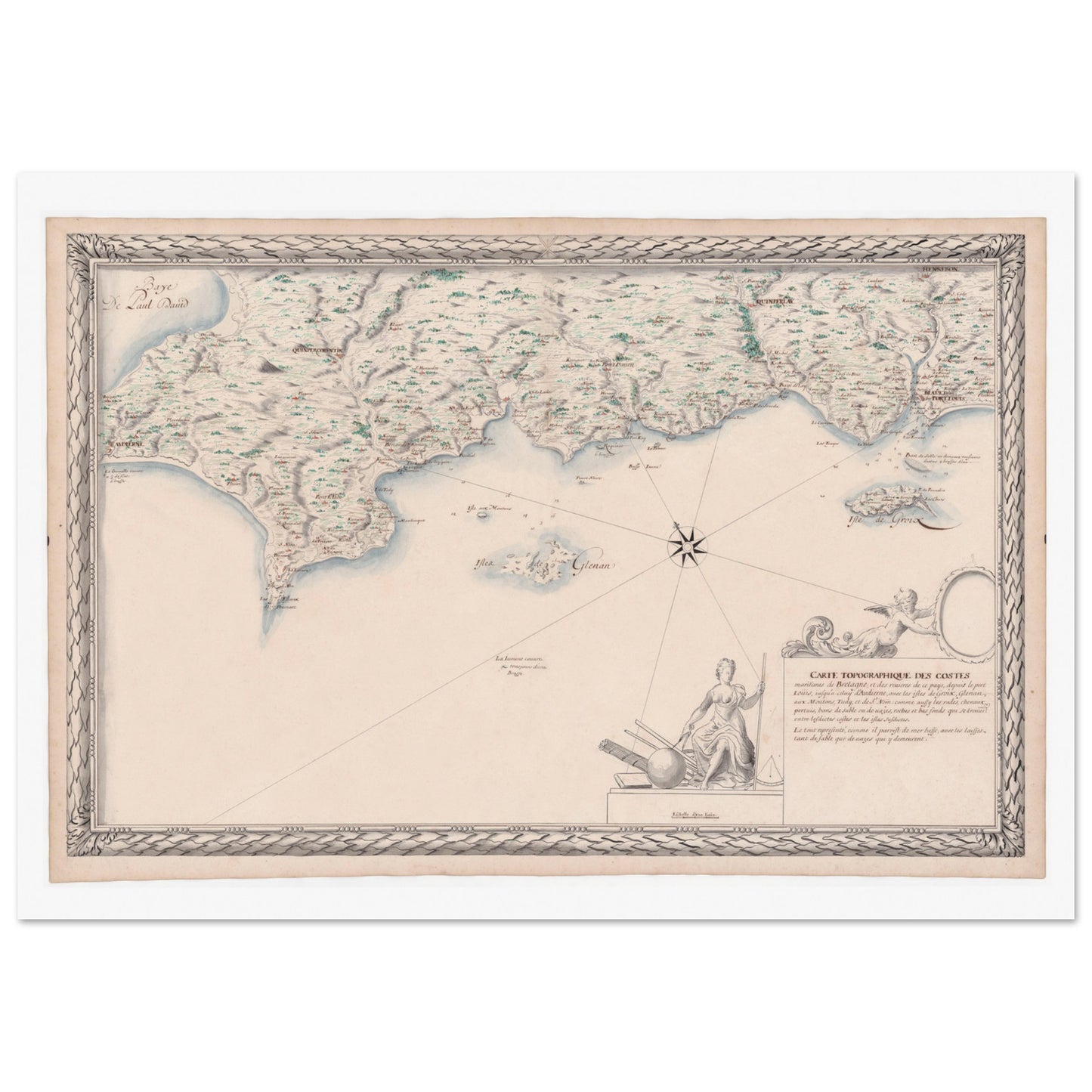 Carte maritime ancienne de Bretagne : Port-Louis à Audierne. Carte topographique ancienne des côtes maritimes de Bretagne, de Port Louis à Audierne, incluant les îles de Groix, Glénan, aux Moutons, Tudy et de Saint-Nom. Image d'illustration 4