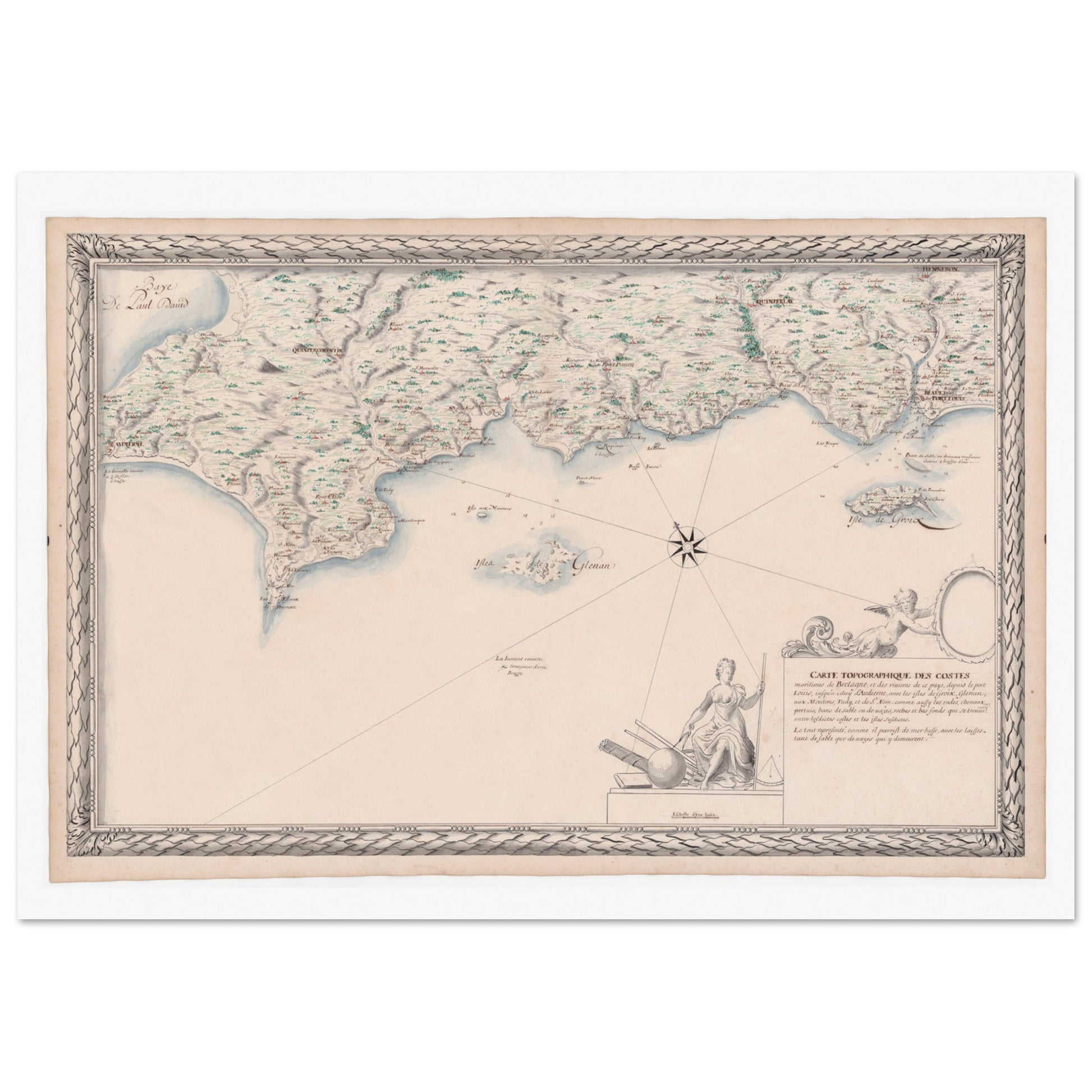 Carte maritime ancienne de Bretagne : Port-Louis à Audierne. Carte topographique ancienne des côtes maritimes de Bretagne, de Port Louis à Audierne, incluant les îles de Groix, Glénan, aux Moutons, Tudy et de Saint-Nom. Image d'illustration 4