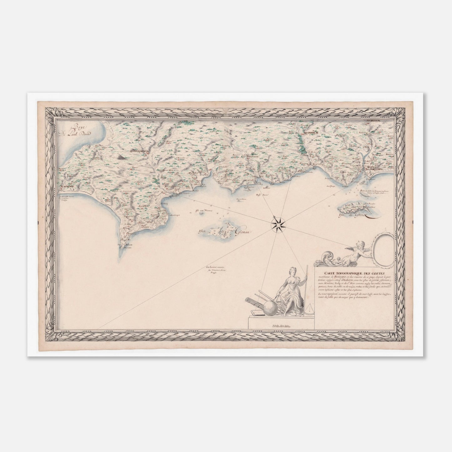 Carte maritime ancienne de Bretagne : Port-Louis à Audierne (40x60 cm). Carte topographique ancienne des côtes maritimes de Bretagne, de Port Louis à Audierne, incluant les îles de Groix, Glénan, aux Moutons, Tudy et de Saint-Nom.