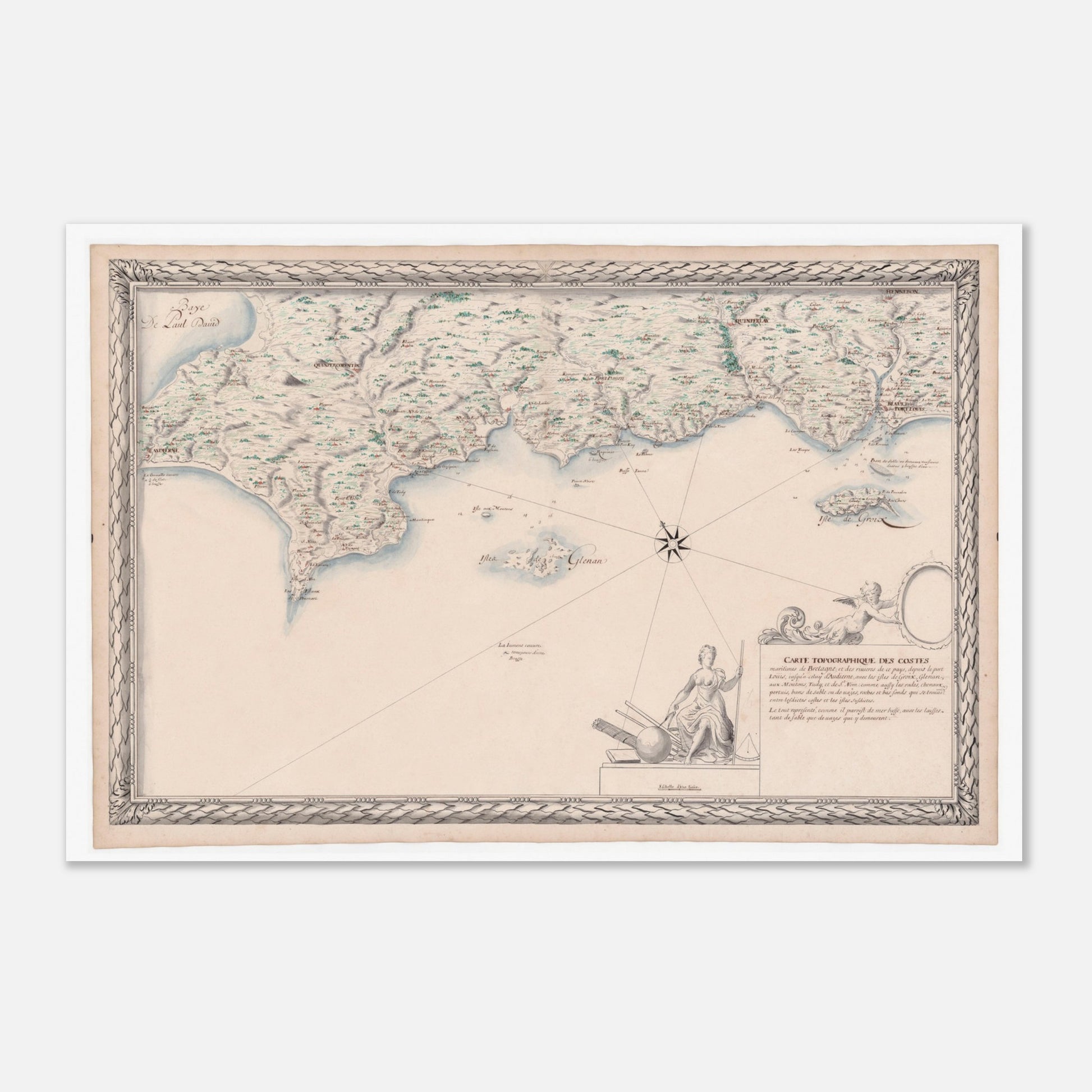Carte maritime ancienne de Bretagne : Port-Louis à Audierne (40x60 cm). Carte topographique ancienne des côtes maritimes de Bretagne, de Port Louis à Audierne, incluant les îles de Groix, Glénan, aux Moutons, Tudy et de Saint-Nom.