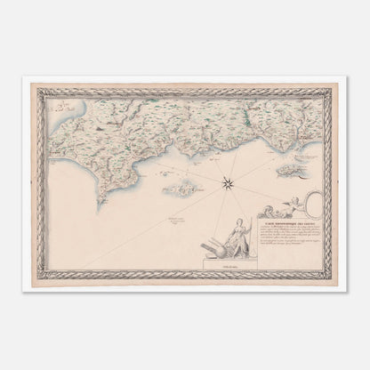 Carte maritime ancienne de Bretagne : Port-Louis à Audierne (40x60 cm). Carte topographique ancienne des côtes maritimes de Bretagne, de Port Louis à Audierne, incluant les îles de Groix, Glénan, aux Moutons, Tudy et de Saint-Nom.