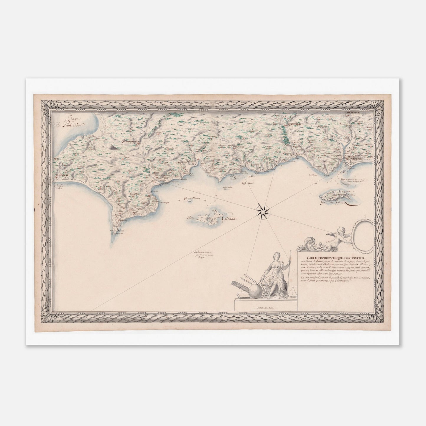 Carte maritime ancienne de Bretagne : Port-Louis à Audierne (50x70 cm). Carte topographique ancienne des côtes maritimes de Bretagne, de Port Louis à Audierne, incluant les îles de Groix, Glénan, aux Moutons, Tudy et de Saint-Nom.