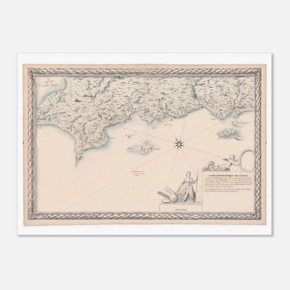 Carte maritime ancienne de Bretagne : Port-Louis à Audierne (50x70 cm). Carte topographique ancienne des côtes maritimes de Bretagne, de Port Louis à Audierne, incluant les îles de Groix, Glénan, aux Moutons, Tudy et de Saint-Nom.