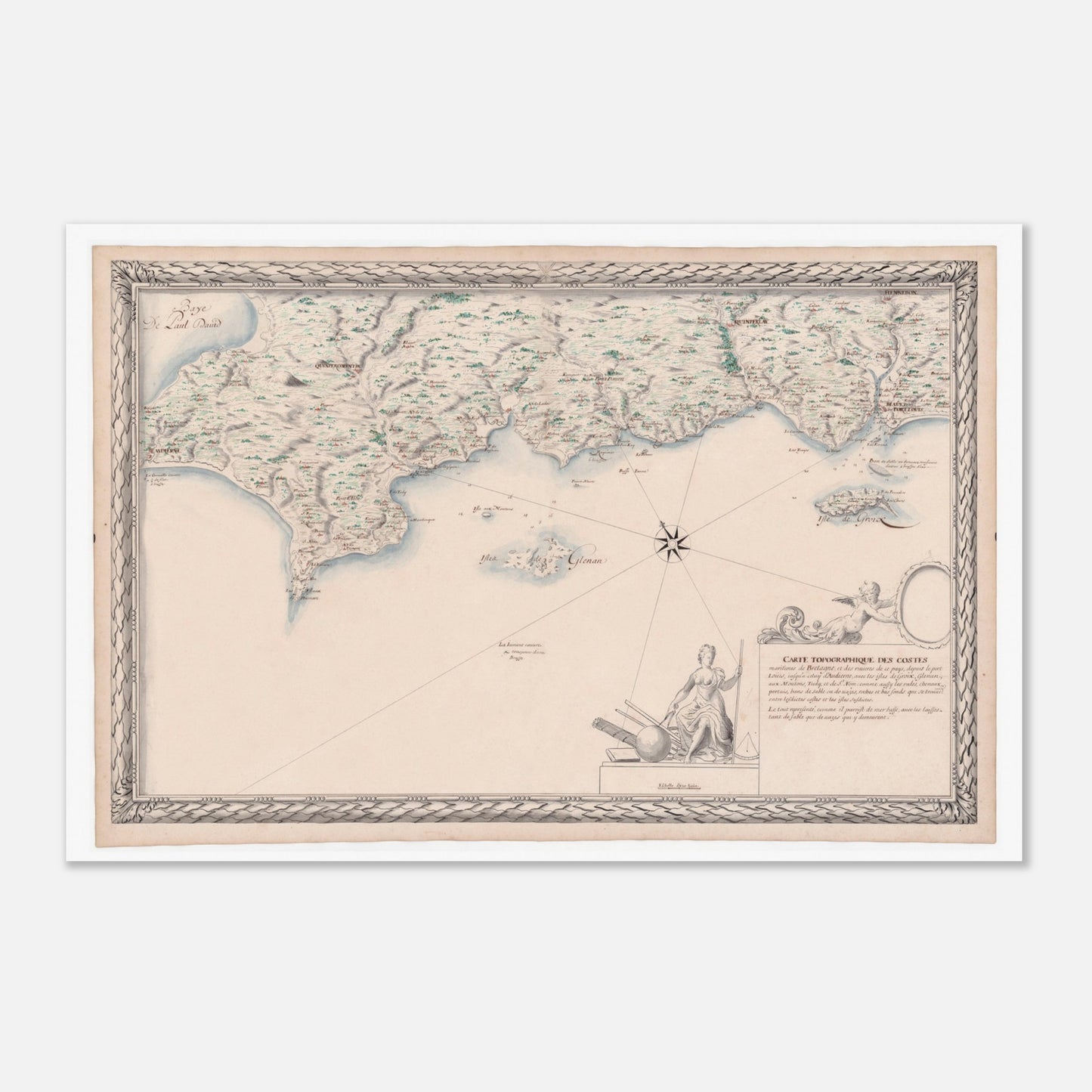 Carte maritime ancienne de Bretagne : Port-Louis à Audierne (60x90 cm). Carte topographique ancienne des côtes maritimes de Bretagne, de Port Louis à Audierne, incluant les îles de Groix, Glénan, aux Moutons, Tudy et de Saint-Nom.