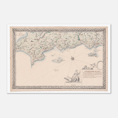 Carte maritime ancienne de Bretagne : Port-Louis à Audierne (60x90 cm). Carte topographique ancienne des côtes maritimes de Bretagne, de Port Louis à Audierne, incluant les îles de Groix, Glénan, aux Moutons, Tudy et de Saint-Nom.