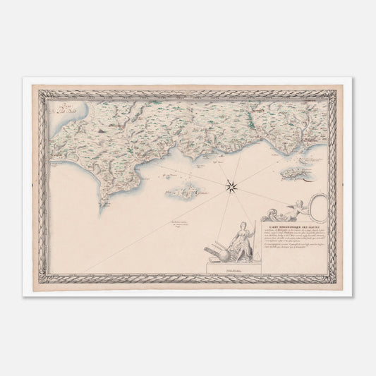 Carte maritime ancienne de Bretagne : Port-Louis à Audierne (60x90 cm). Carte topographique ancienne des côtes maritimes de Bretagne, de Port Louis à Audierne, incluant les îles de Groix, Glénan, aux Moutons, Tudy et de Saint-Nom.