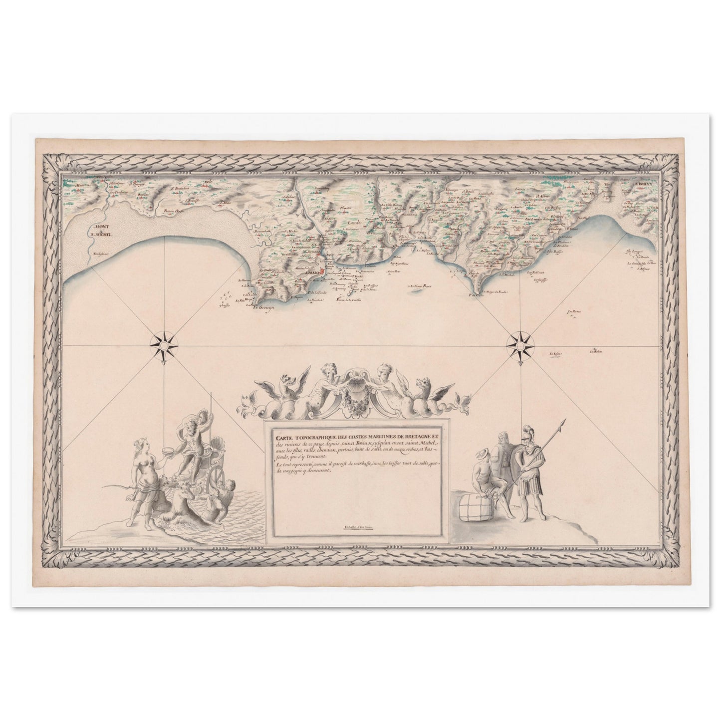 Planche ancienne : Carte maritime de Bretagne, de Saint-Brieuc au Mont-Saint-Michel. Carte topographique ancienne des côtes maritimes de Bretagne, de Saint-Brieuc au Mont-Saint-Michel, avec détail des rivières, des îles et un cartouche orné. Image d'illustration 3