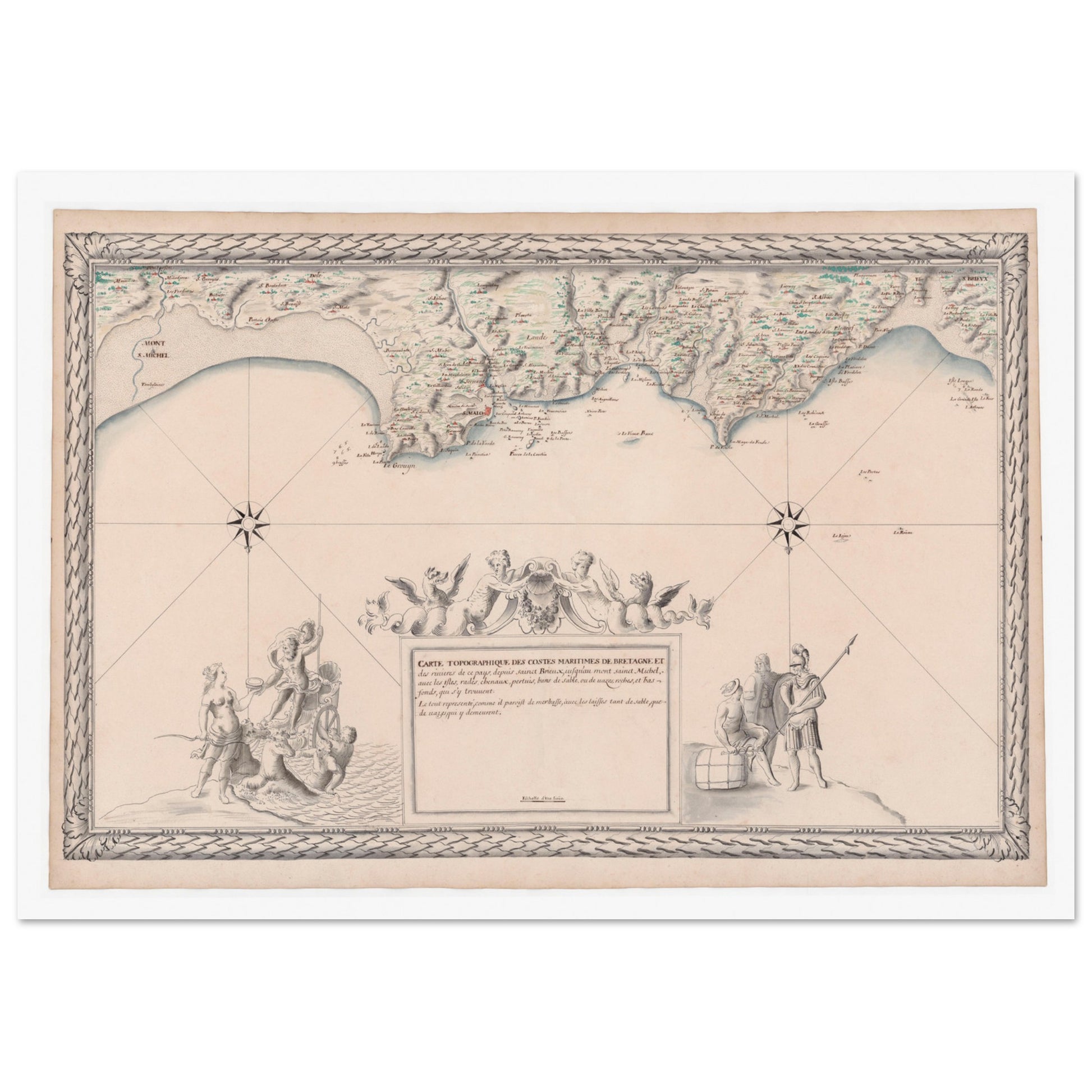 Planche ancienne : Carte maritime de Bretagne, de Saint-Brieuc au Mont-Saint-Michel. Carte topographique ancienne des côtes maritimes de Bretagne, de Saint-Brieuc au Mont-Saint-Michel, avec détail des rivières, des îles et un cartouche orné. Image d'illustration 3