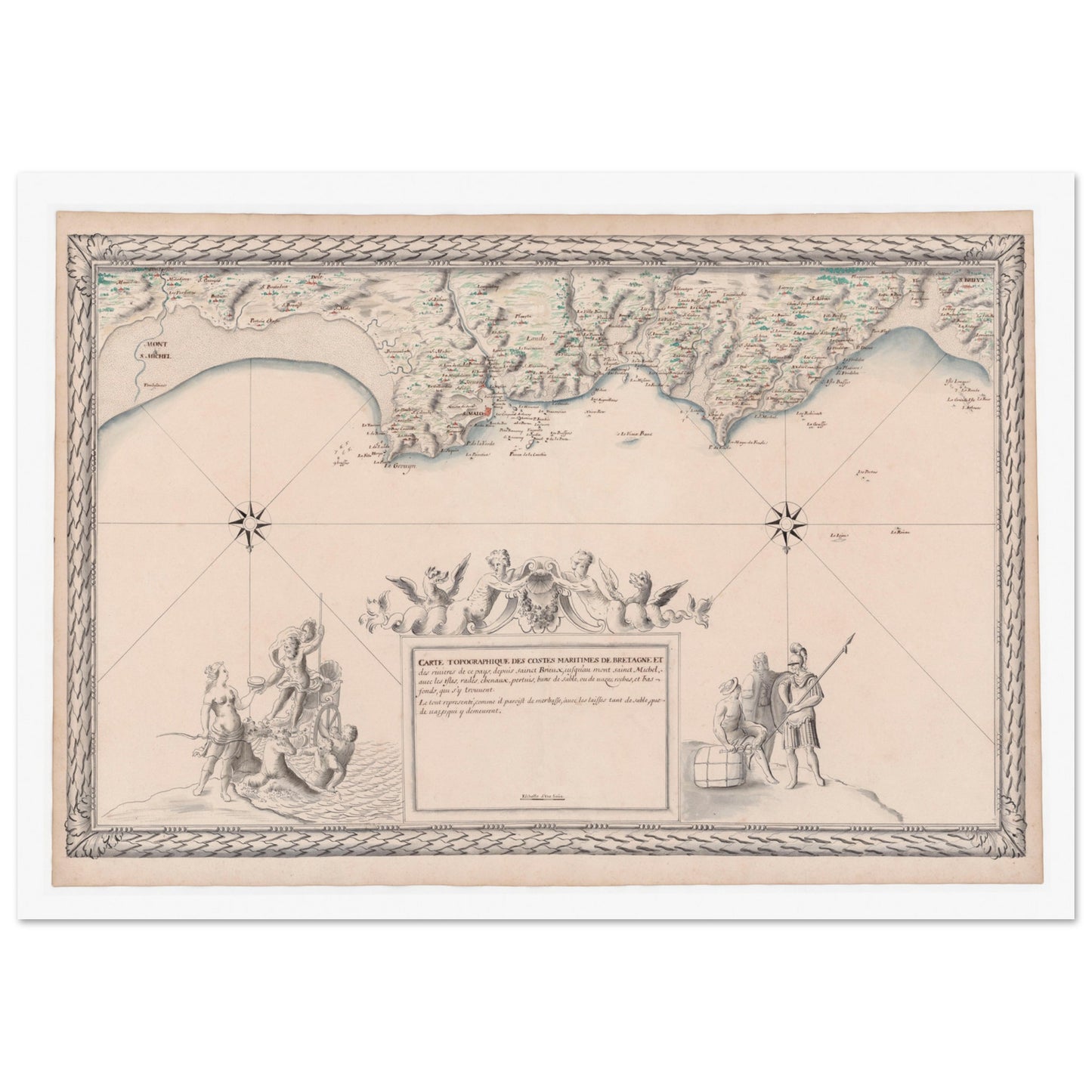 Planche ancienne : Carte maritime de Bretagne, de Saint-Brieuc au Mont-Saint-Michel. Carte topographique ancienne des côtes maritimes de Bretagne, de Saint-Brieuc au Mont-Saint-Michel, avec détail des rivières, des îles et un cartouche orné. Image d'illustration 4