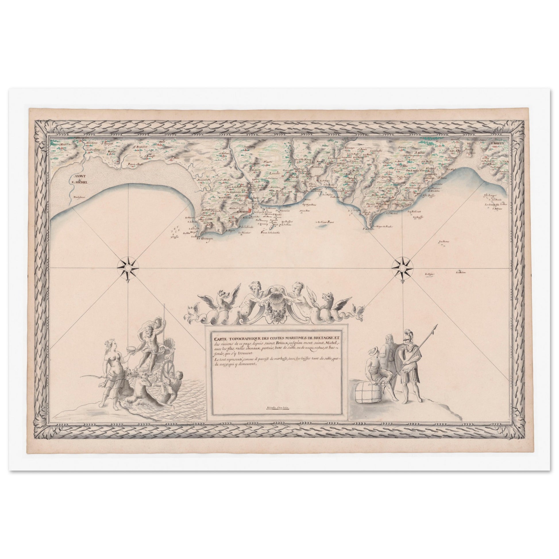 Planche ancienne : Carte maritime de Bretagne, de Saint-Brieuc au Mont-Saint-Michel. Carte topographique ancienne des côtes maritimes de Bretagne, de Saint-Brieuc au Mont-Saint-Michel, avec détail des rivières, des îles et un cartouche orné. Image d'illustration 4