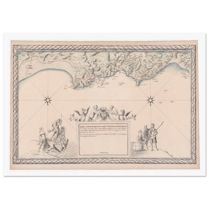 Planche ancienne : Carte maritime de Bretagne, de Saint-Brieuc au Mont-Saint-Michel. Carte topographique ancienne des côtes maritimes de Bretagne, de Saint-Brieuc au Mont-Saint-Michel, avec détail des rivières, des îles et un cartouche orné. Image d'illustration 4
