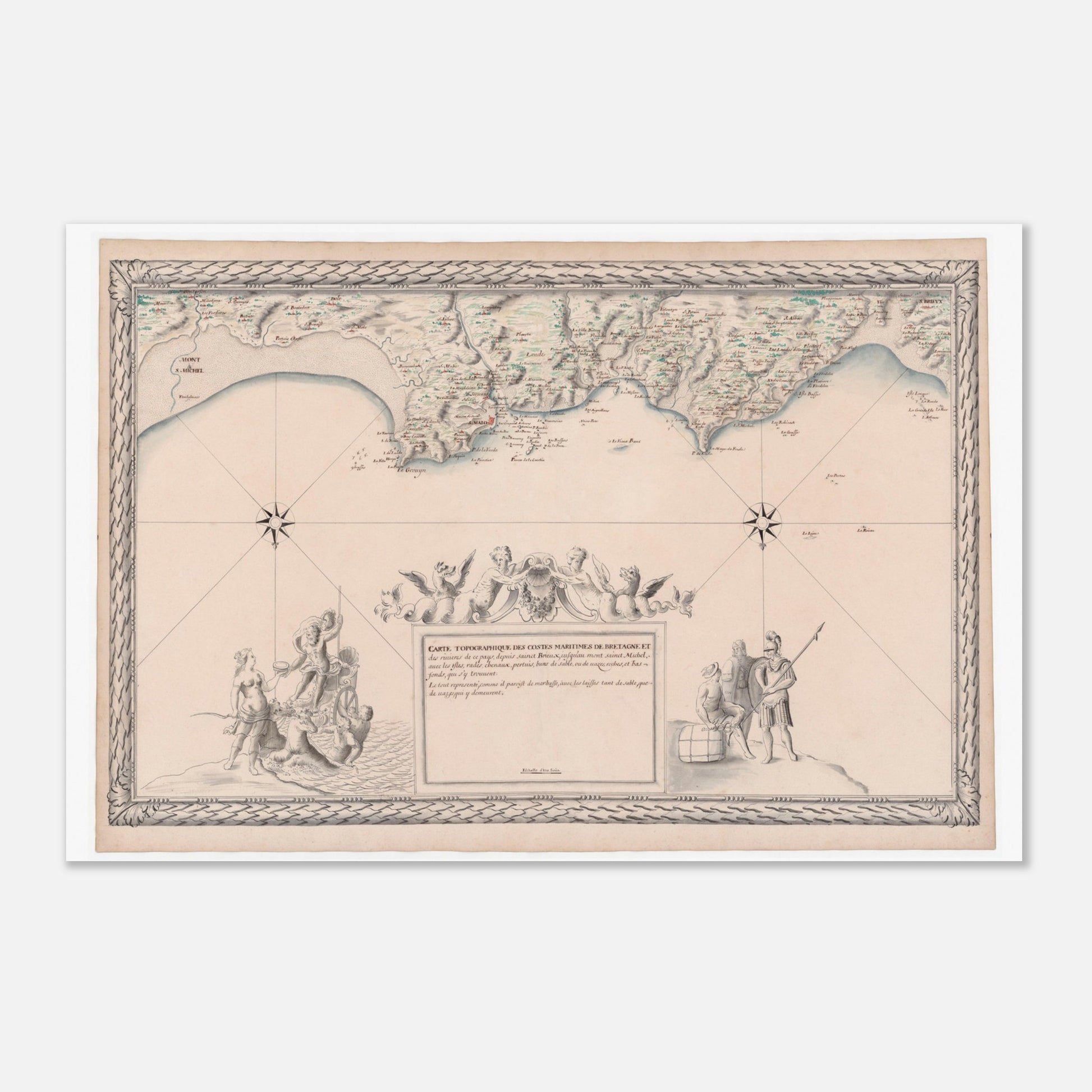 Planche ancienne : Carte maritime de Bretagne, de Saint-Brieuc au Mont-Saint-Michel (40x60 cm). Carte topographique ancienne des côtes maritimes de Bretagne, de Saint-Brieuc au Mont-Saint-Michel, avec détail des rivières, des îles et un cartouche orné.