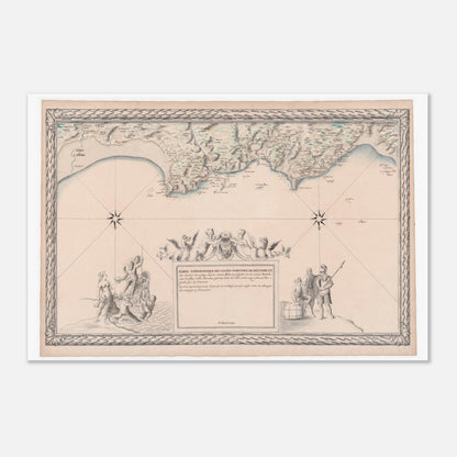 Planche ancienne : Carte maritime de Bretagne, de Saint-Brieuc au Mont-Saint-Michel (40x60 cm). Carte topographique ancienne des côtes maritimes de Bretagne, de Saint-Brieuc au Mont-Saint-Michel, avec détail des rivières, des îles et un cartouche orné.