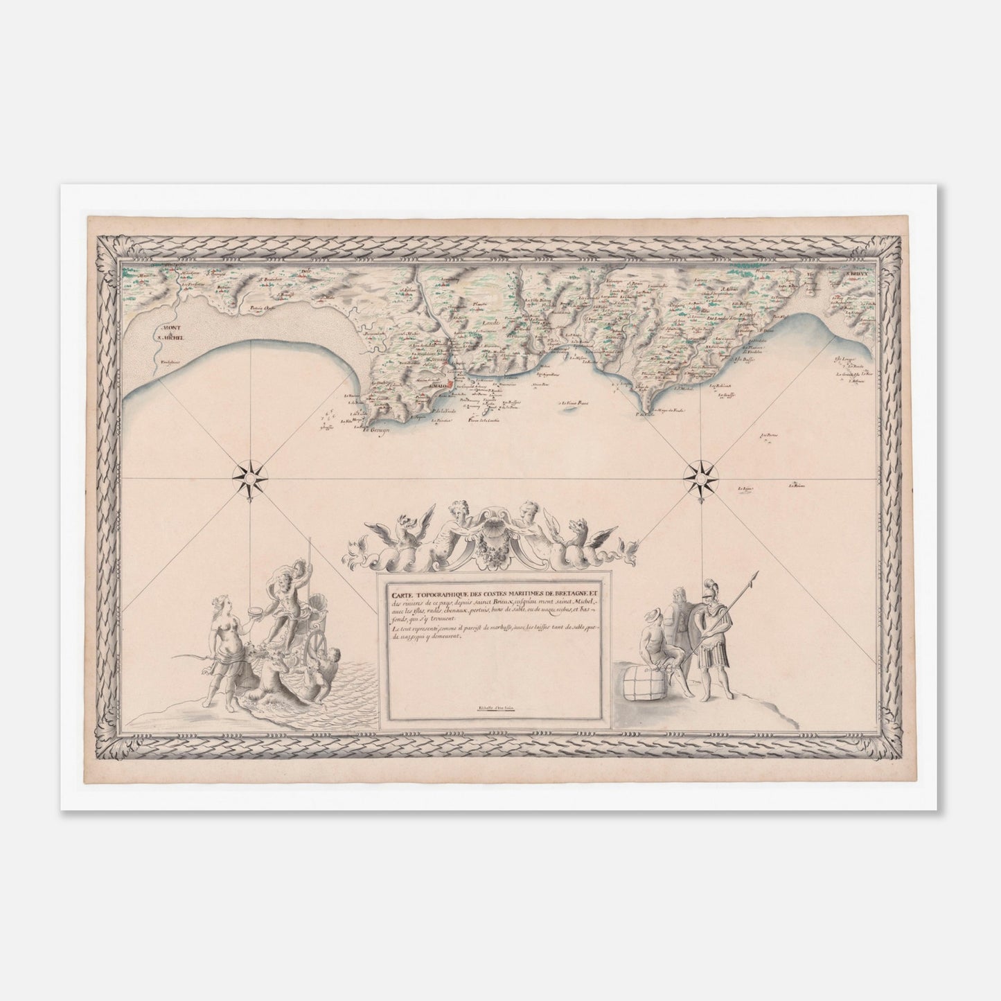 Planche ancienne : Carte maritime de Bretagne, de Saint-Brieuc au Mont-Saint-Michel (50x70 cm). Carte topographique ancienne des côtes maritimes de Bretagne, de Saint-Brieuc au Mont-Saint-Michel, avec détail des rivières, des îles et un cartouche orné.