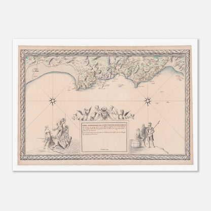 Planche ancienne : Carte maritime de Bretagne, de Saint-Brieuc au Mont-Saint-Michel (50x70 cm). Carte topographique ancienne des côtes maritimes de Bretagne, de Saint-Brieuc au Mont-Saint-Michel, avec détail des rivières, des îles et un cartouche orné.