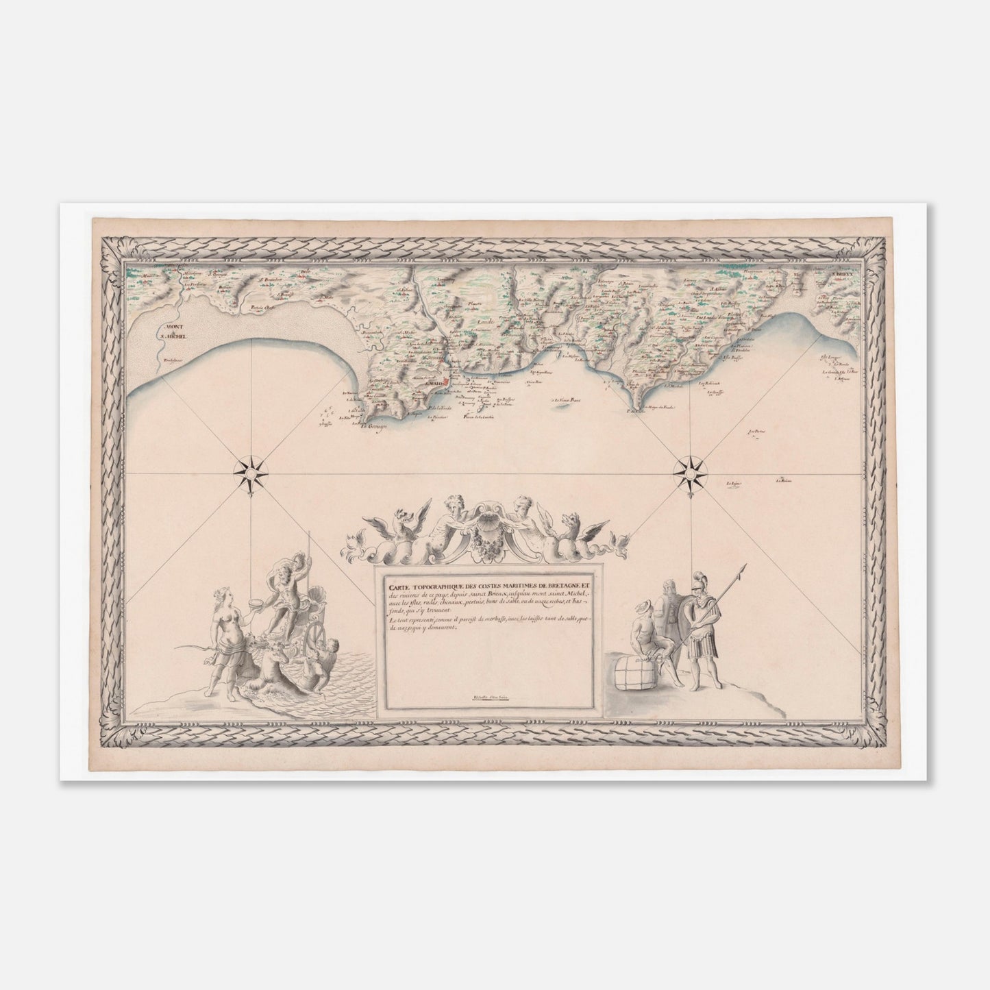 Planche ancienne : Carte maritime de Bretagne, de Saint-Brieuc au Mont-Saint-Michel (60x90 cm). Carte topographique ancienne des côtes maritimes de Bretagne, de Saint-Brieuc au Mont-Saint-Michel, avec détail des rivières, des îles et un cartouche orné.