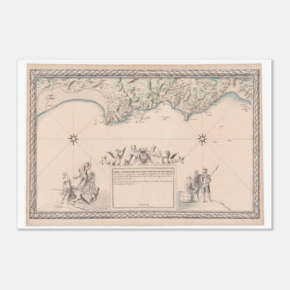 Planche ancienne : Carte maritime de Bretagne, de Saint-Brieuc au Mont-Saint-Michel (60x90 cm). Carte topographique ancienne des côtes maritimes de Bretagne, de Saint-Brieuc au Mont-Saint-Michel, avec détail des rivières, des îles et un cartouche orné.