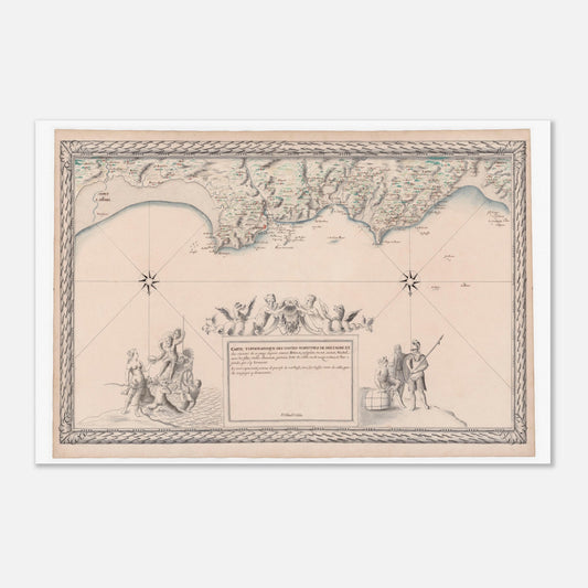 Planche ancienne : Carte maritime de Bretagne, de Saint-Brieuc au Mont-Saint-Michel (60x90 cm). Carte topographique ancienne des côtes maritimes de Bretagne, de Saint-Brieuc au Mont-Saint-Michel, avec détail des rivières, des îles et un cartouche orné.