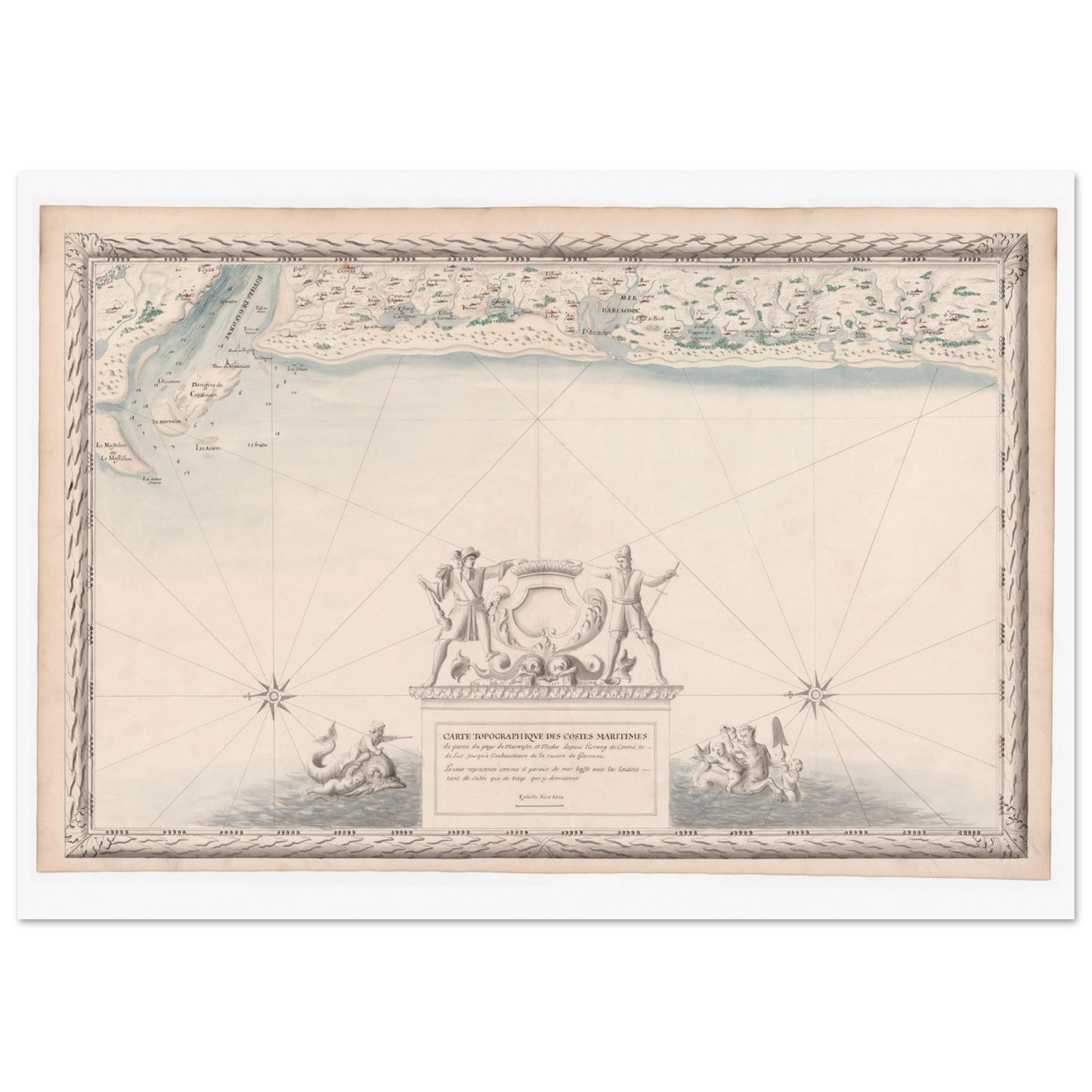 Planche ancienne : Carte maritime du Marensin et du Médoc. Carte topographique ancienne des côtes maritimes du Marensin et du Médoc, de l'étang de Contis à l'embouchure de la Garonne, avec la mer, les étangs et la végétation. Image d'illustration 3