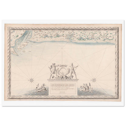 Planche ancienne : Carte maritime du Marensin et du Médoc. Carte topographique ancienne des côtes maritimes du Marensin et du Médoc, de l'étang de Contis à l'embouchure de la Garonne, avec la mer, les étangs et la végétation. Image d'illustration 3