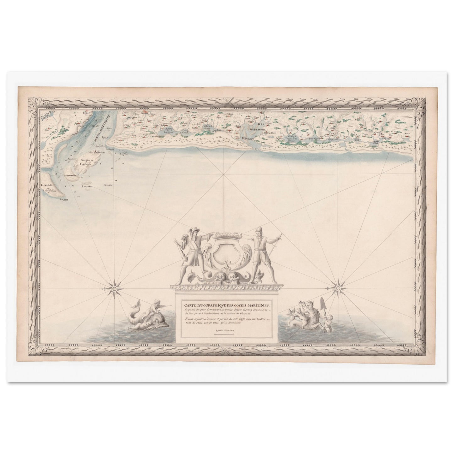 Planche ancienne : Carte maritime du Marensin et du Médoc. Carte topographique ancienne des côtes maritimes du Marensin et du Médoc, de l'étang de Contis à l'embouchure de la Garonne, avec la mer, les étangs et la végétation. Image d'illustration 4