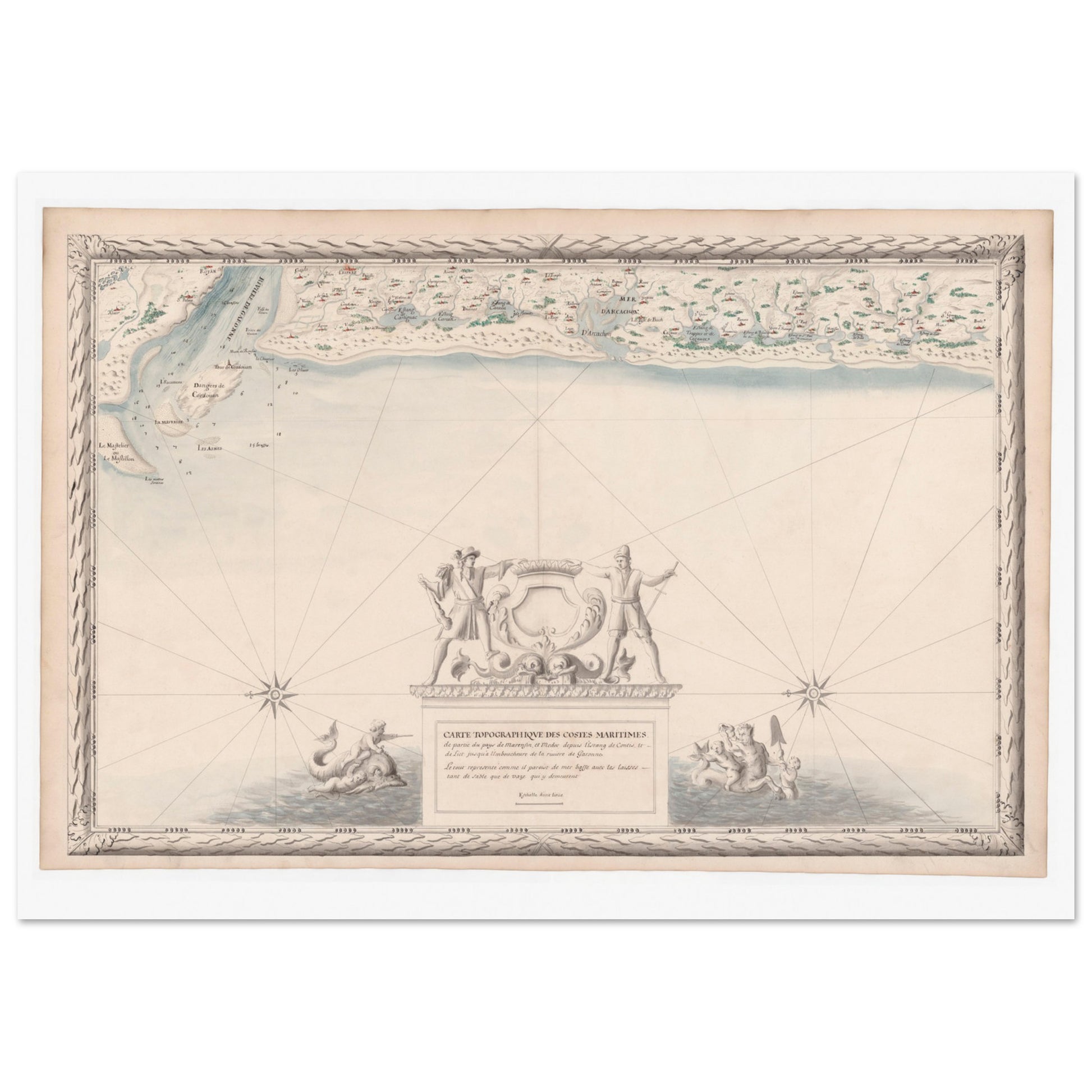 Planche ancienne : Carte maritime du Marensin et du Médoc. Carte topographique ancienne des côtes maritimes du Marensin et du Médoc, de l'étang de Contis à l'embouchure de la Garonne, avec la mer, les étangs et la végétation. Image d'illustration 4