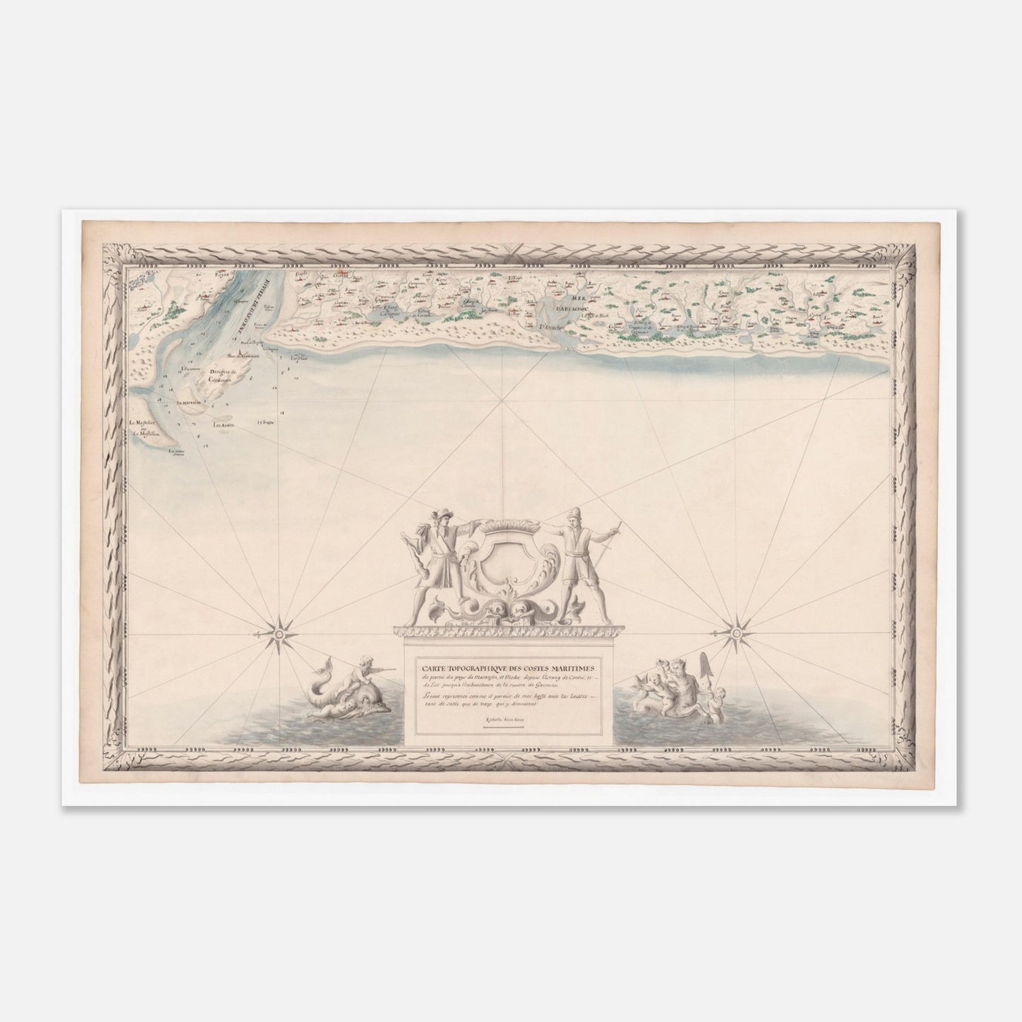 Planche ancienne : Carte maritime du Marensin et du Médoc (40x60 cm). Carte topographique ancienne des côtes maritimes du Marensin et du Médoc, de l'étang de Contis à l'embouchure de la Garonne, avec la mer, les étangs et la végétation.