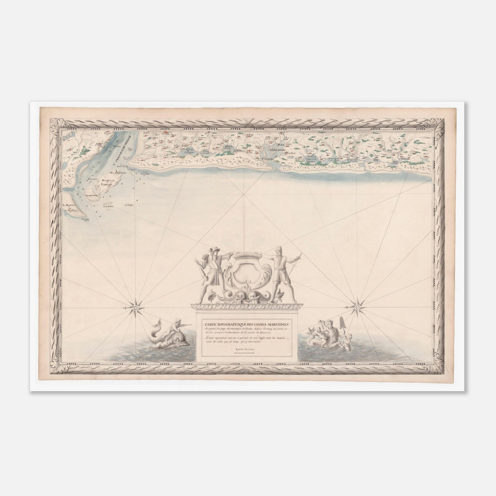 Planche ancienne : Carte maritime du Marensin et du Médoc (40x60 cm). Carte topographique ancienne des côtes maritimes du Marensin et du Médoc, de l'étang de Contis à l'embouchure de la Garonne, avec la mer, les étangs et la végétation.