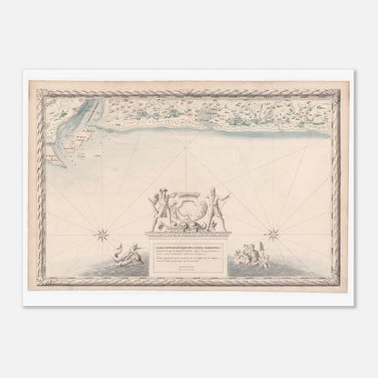 Planche ancienne : Carte maritime du Marensin et du Médoc (50x70 cm). Carte topographique ancienne des côtes maritimes du Marensin et du Médoc, de l'étang de Contis à l'embouchure de la Garonne, avec la mer, les étangs et la végétation.