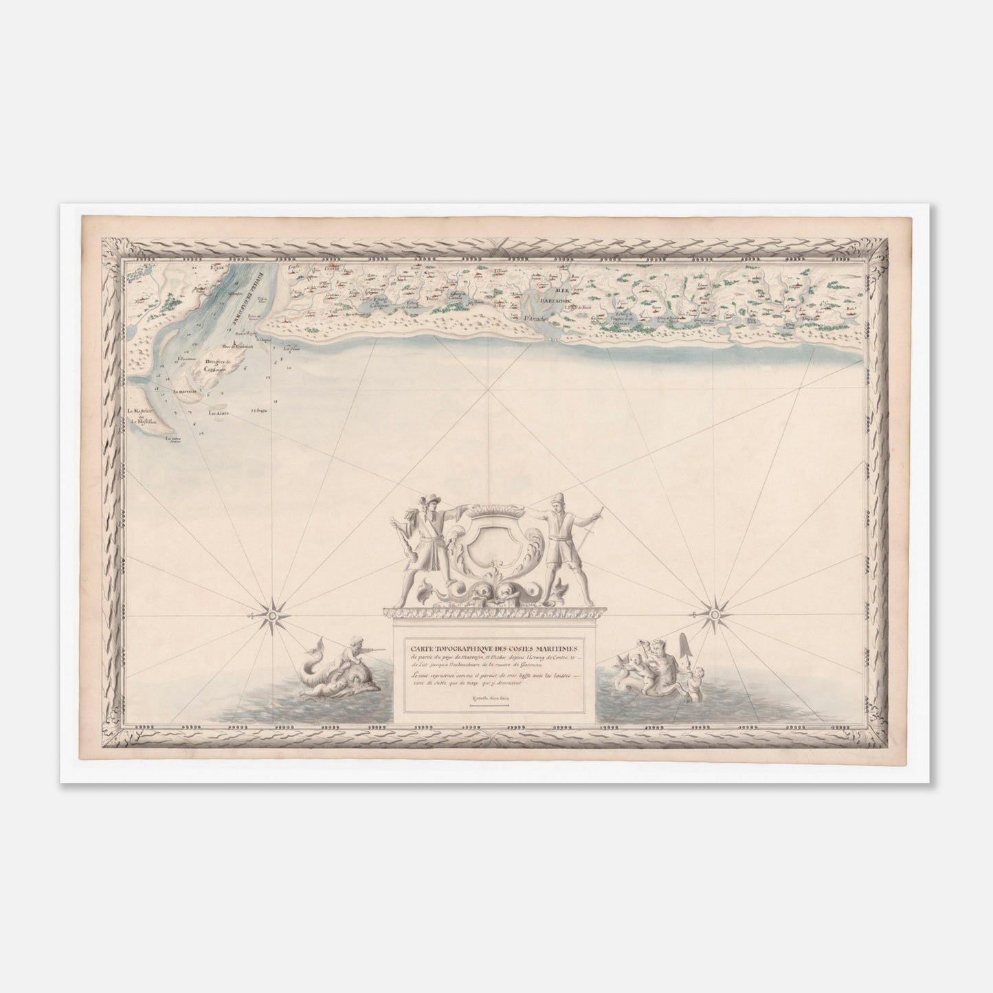 Planche ancienne : Carte maritime du Marensin et du Médoc (60x90 cm). Carte topographique ancienne des côtes maritimes du Marensin et du Médoc, de l'étang de Contis à l'embouchure de la Garonne, avec la mer, les étangs et la végétation.