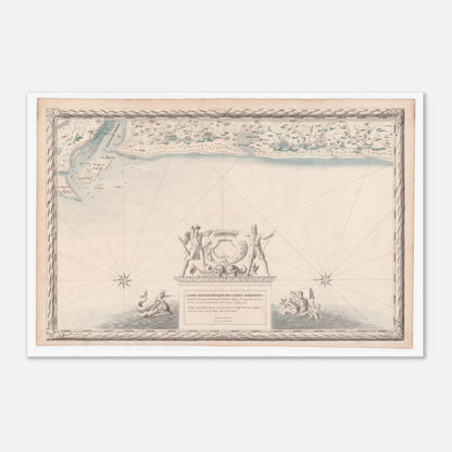 Planche ancienne : Carte maritime du Marensin et du Médoc (60x90 cm). Carte topographique ancienne des côtes maritimes du Marensin et du Médoc, de l'étang de Contis à l'embouchure de la Garonne, avec la mer, les étangs et la végétation.