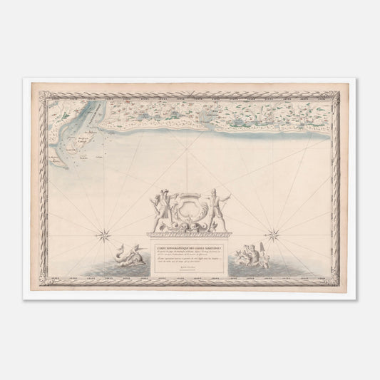 Planche ancienne : Carte maritime du Marensin et du Médoc (60x90 cm). Carte topographique ancienne des côtes maritimes du Marensin et du Médoc, de l'étang de Contis à l'embouchure de la Garonne, avec la mer, les étangs et la végétation.