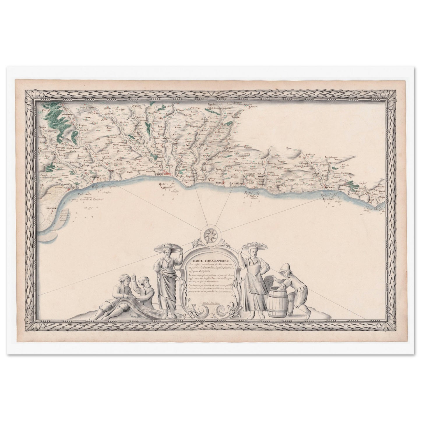 Carte maritime ancienne : côtes de Normandie et de Picardie (1680). Carte ancienne de la côte maritime de Normandie et de Picardie, montrant les villes, rivières et baies, ornée de figures allégoriques sur un socle. Image d'illustration 3