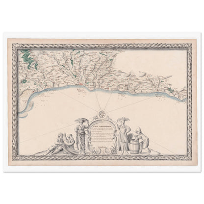 Carte maritime ancienne : côtes de Normandie et de Picardie (1680). Carte ancienne de la côte maritime de Normandie et de Picardie, montrant les villes, rivières et baies, ornée de figures allégoriques sur un socle. Image d'illustration 3