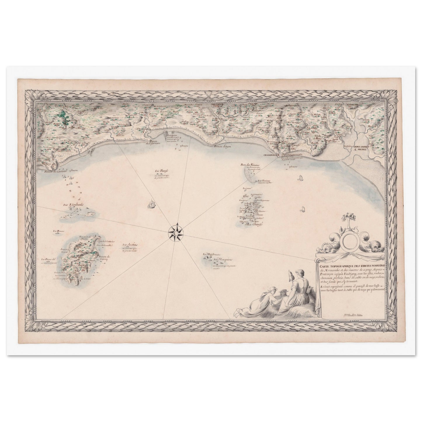 Planche ancienne : Carte maritime de Normandie, de Pontorson à Vaubigny. Carte topographique ancienne des côtes maritimes de Normandie, de Pontorson à Vaubigny, incluant les rivières et les îles. Image d'illustration 3