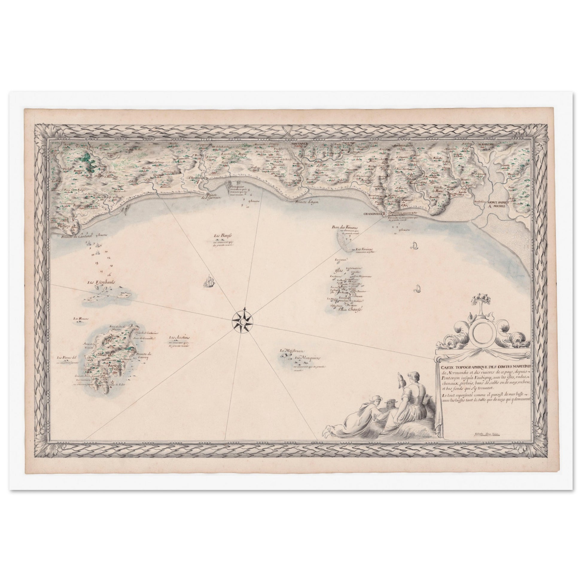 Planche ancienne : Carte maritime de Normandie, de Pontorson à Vaubigny. Carte topographique ancienne des côtes maritimes de Normandie, de Pontorson à Vaubigny, incluant les rivières et les îles. Image d'illustration 3