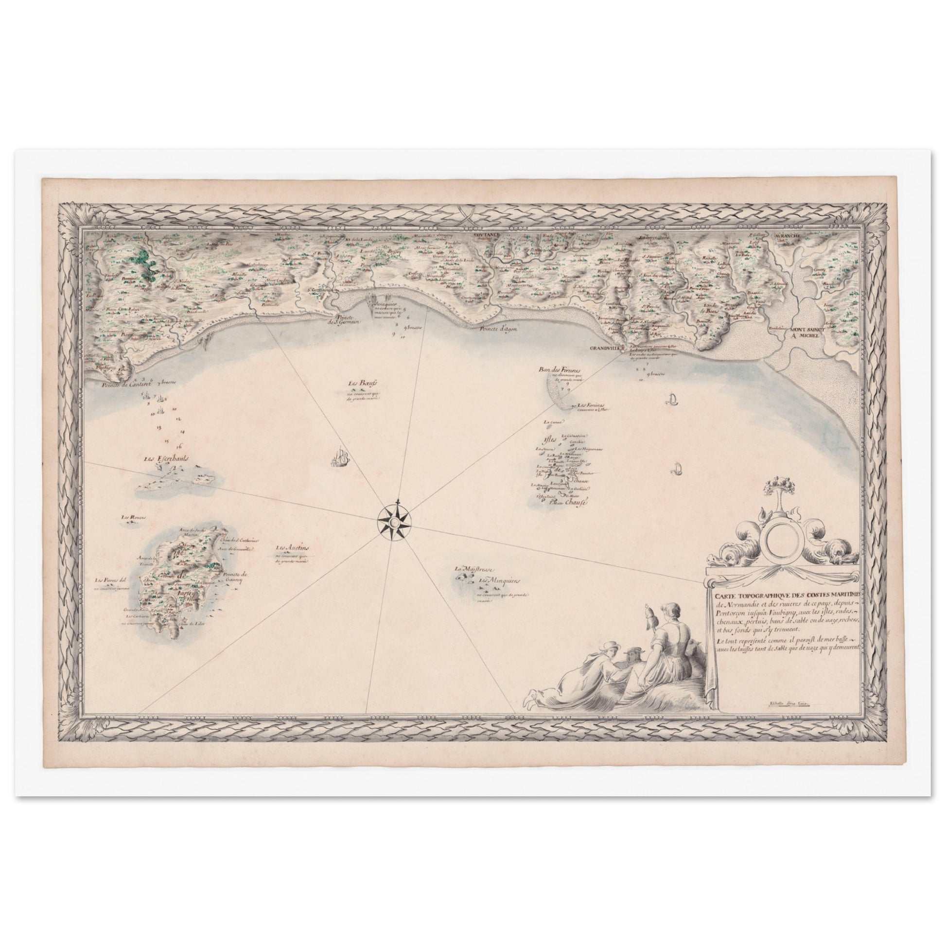 Planche ancienne : Carte maritime de Normandie, de Pontorson à Vaubigny. Carte topographique ancienne des côtes maritimes de Normandie, de Pontorson à Vaubigny, incluant les rivières et les îles. Image d'illustration 4