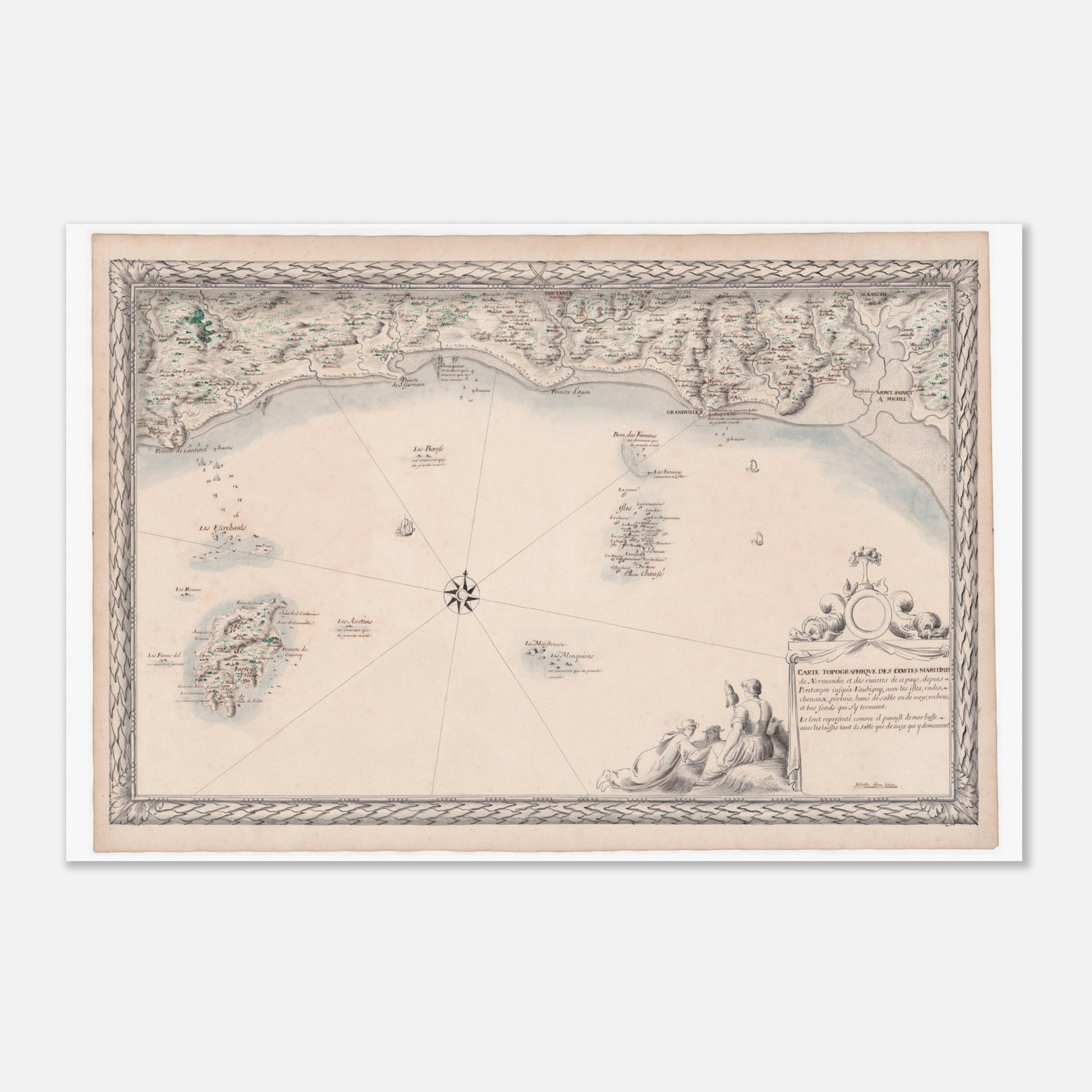 Planche ancienne : Carte maritime de Normandie, de Pontorson à Vaubigny (40x60 cm). Carte topographique ancienne des côtes maritimes de Normandie, de Pontorson à Vaubigny, incluant les rivières et les îles.