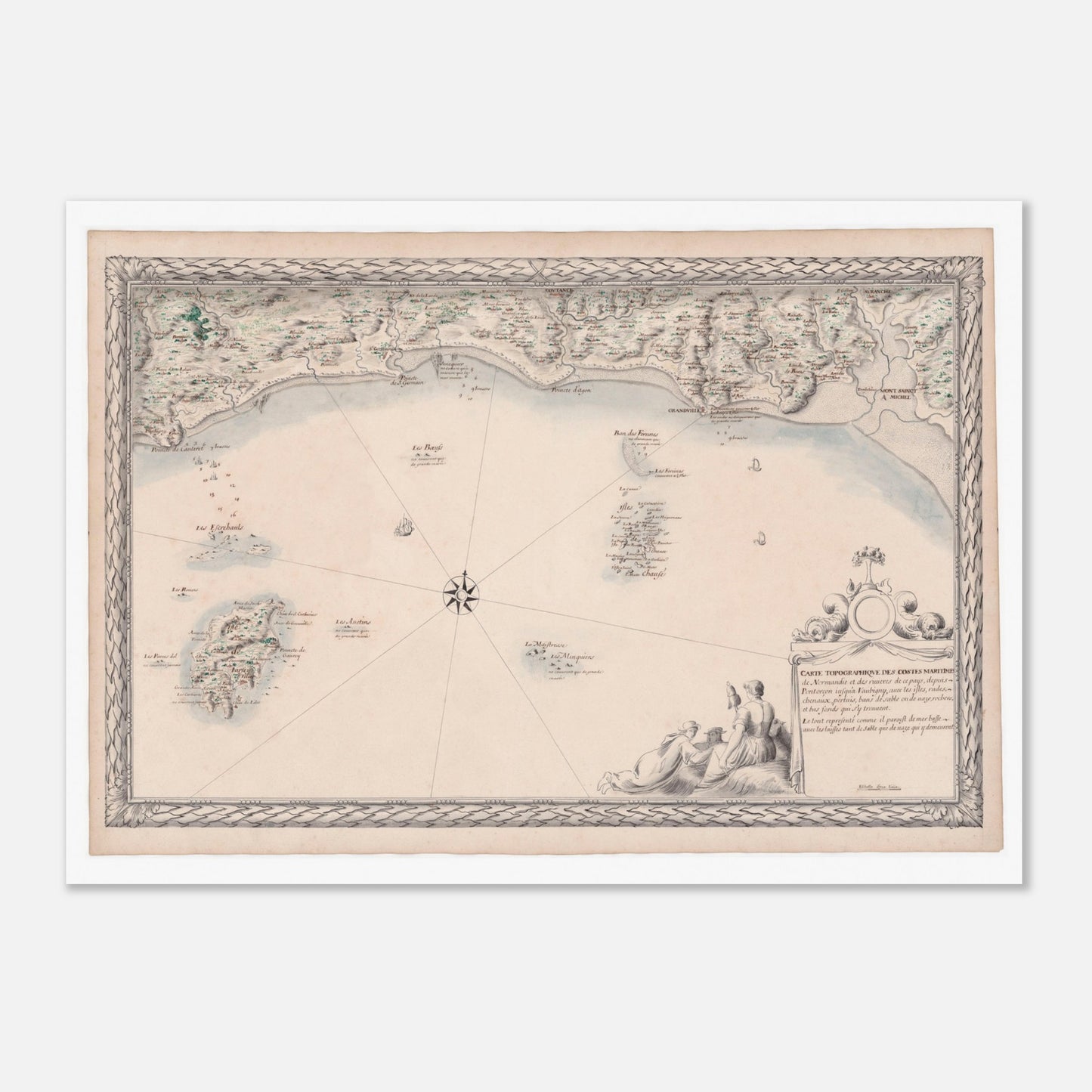Planche ancienne : Carte maritime de Normandie, de Pontorson à Vaubigny (50x70 cm). Carte topographique ancienne des côtes maritimes de Normandie, de Pontorson à Vaubigny, incluant les rivières et les îles.