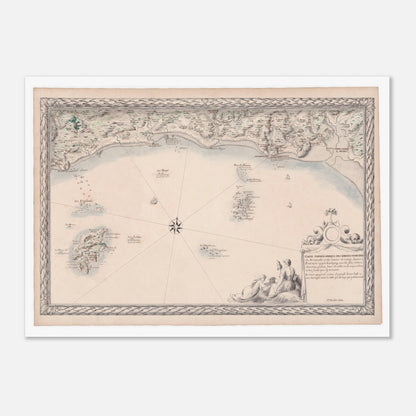 Planche ancienne : Carte maritime de Normandie, de Pontorson à Vaubigny (50x70 cm). Carte topographique ancienne des côtes maritimes de Normandie, de Pontorson à Vaubigny, incluant les rivières et les îles.