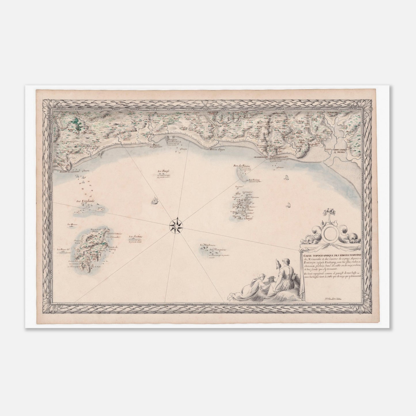 Planche ancienne : Carte maritime de Normandie, de Pontorson à Vaubigny (60x90 cm). Carte topographique ancienne des côtes maritimes de Normandie, de Pontorson à Vaubigny, incluant les rivières et les îles.