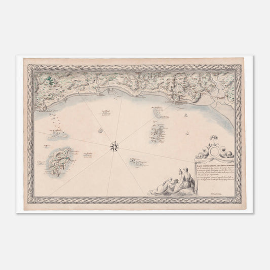 Planche ancienne : Carte maritime de Normandie, de Pontorson à Vaubigny (60x90 cm). Carte topographique ancienne des côtes maritimes de Normandie, de Pontorson à Vaubigny, incluant les rivières et les îles.