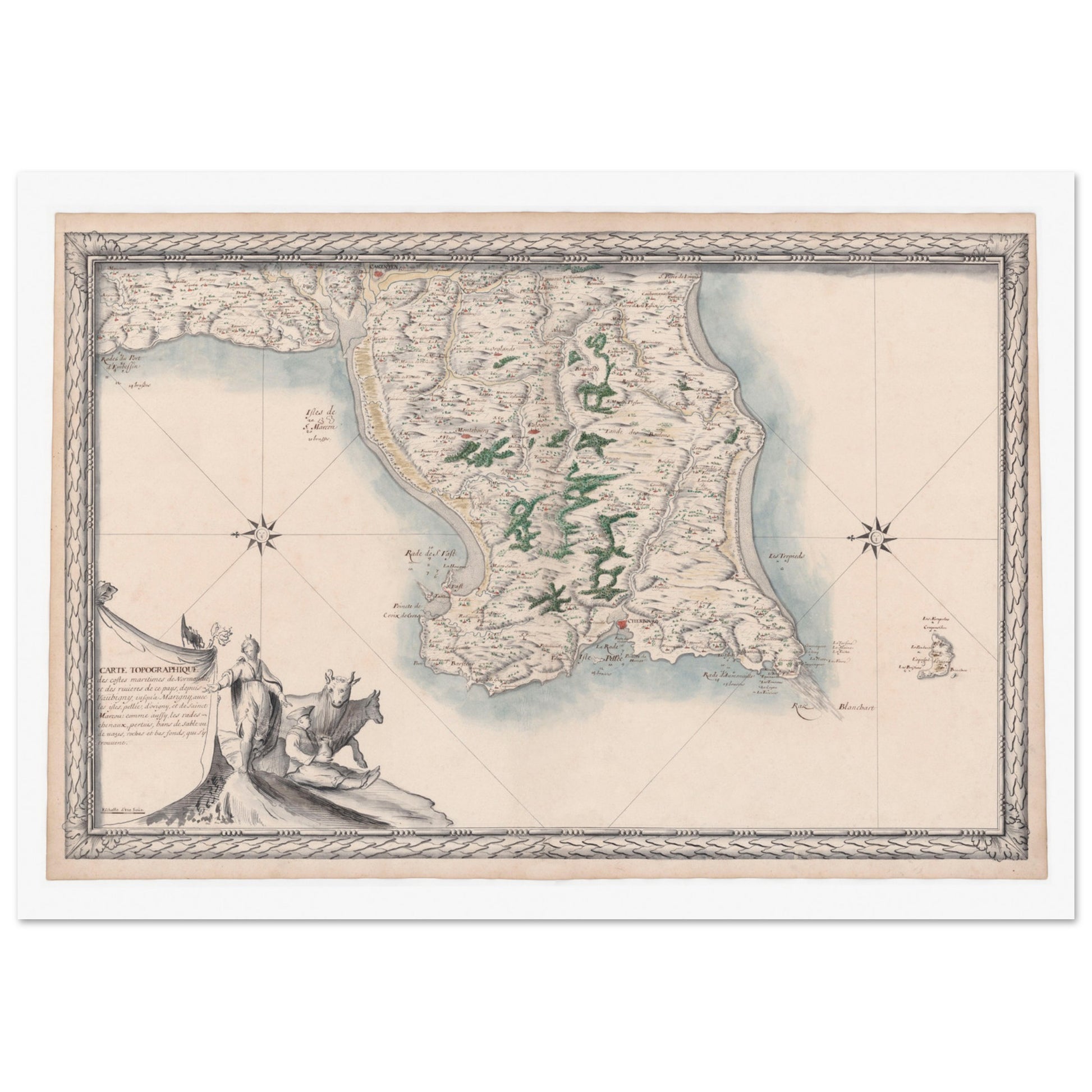 Carte maritime ancienne de Normandie : Vaubigny à Marigny. Carte topographique ancienne des côtes maritimes de Normandie, de Vaubigny à Marigny, avec les rivières et les îles de Pelée, d'Origny et de Saint-Marcouf. Image d'illustration 3