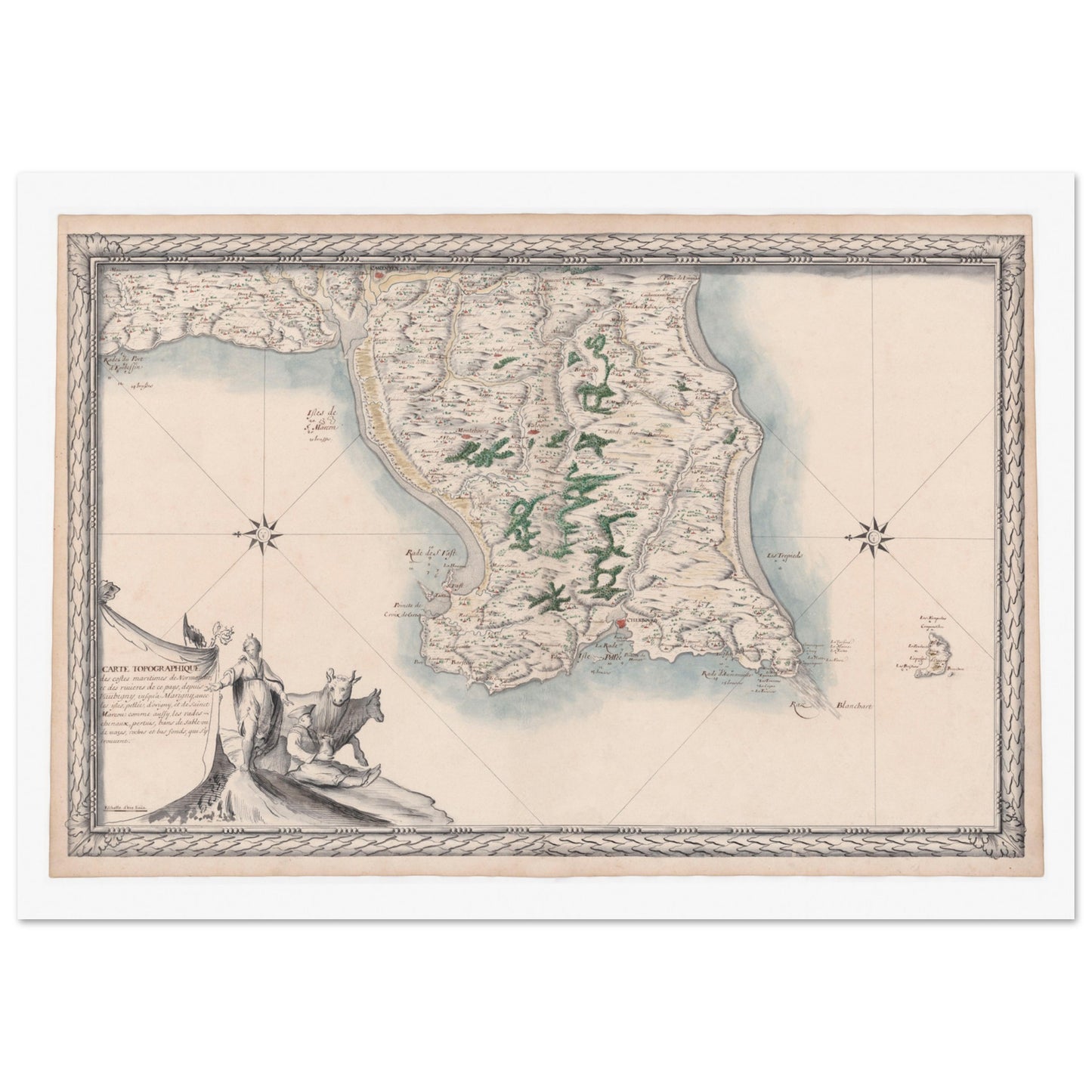 Carte maritime ancienne de Normandie : Vaubigny à Marigny. Carte topographique ancienne des côtes maritimes de Normandie, de Vaubigny à Marigny, avec les rivières et les îles de Pelée, d'Origny et de Saint-Marcouf. Image d'illustration 4