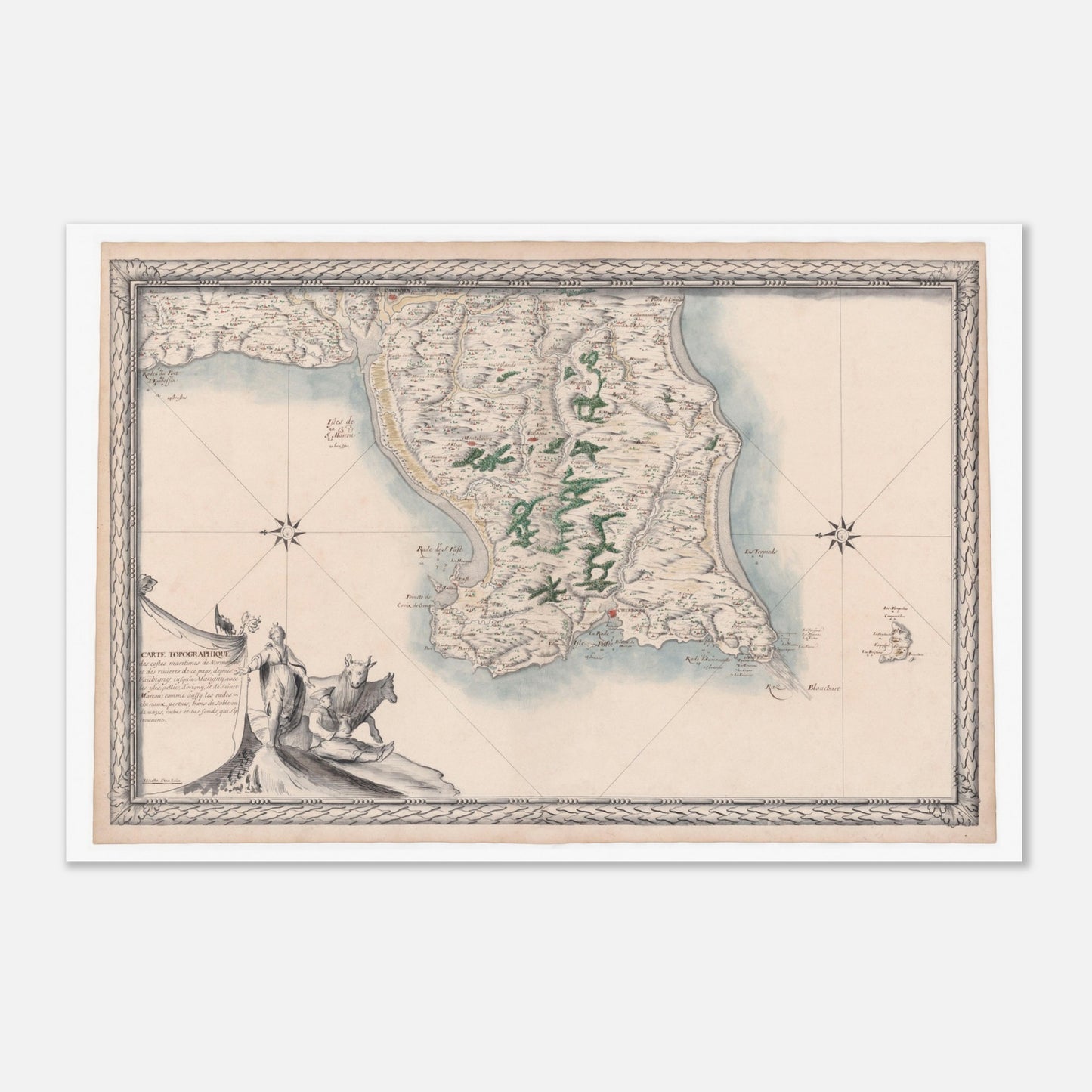 Carte maritime ancienne de Normandie : Vaubigny à Marigny (40x60 cm). Carte topographique ancienne des côtes maritimes de Normandie, de Vaubigny à Marigny, avec les rivières et les îles de Pelée, d'Origny et de Saint-Marcouf.